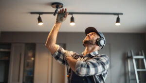 A photograph of a skilled lighting contractor installing or adjusting led can lights in a modern interior space