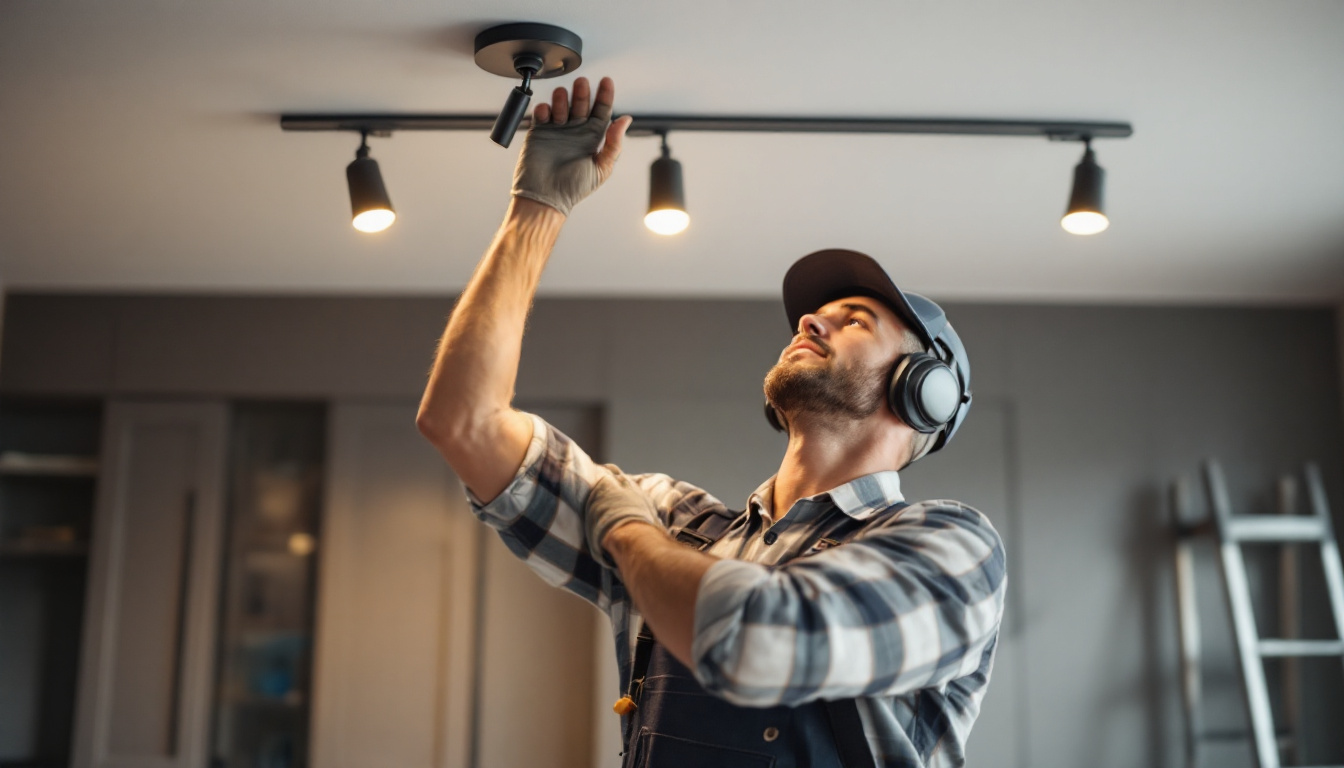 A photograph of a skilled lighting contractor installing or adjusting led can lights in a modern interior space