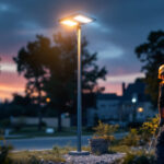 A photograph of a well-lit solar light pole installed in an outdoor setting