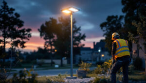 A photograph of a well-lit solar light pole installed in an outdoor setting