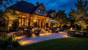 A photograph of a beautifully illuminated outdoor space showcasing various up lighting techniques