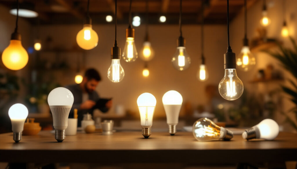 A photograph of a well-lit interior space showcasing various types of led light bulbs in use