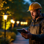 A photograph of a lighting contractor evaluating various outdoor lighting options