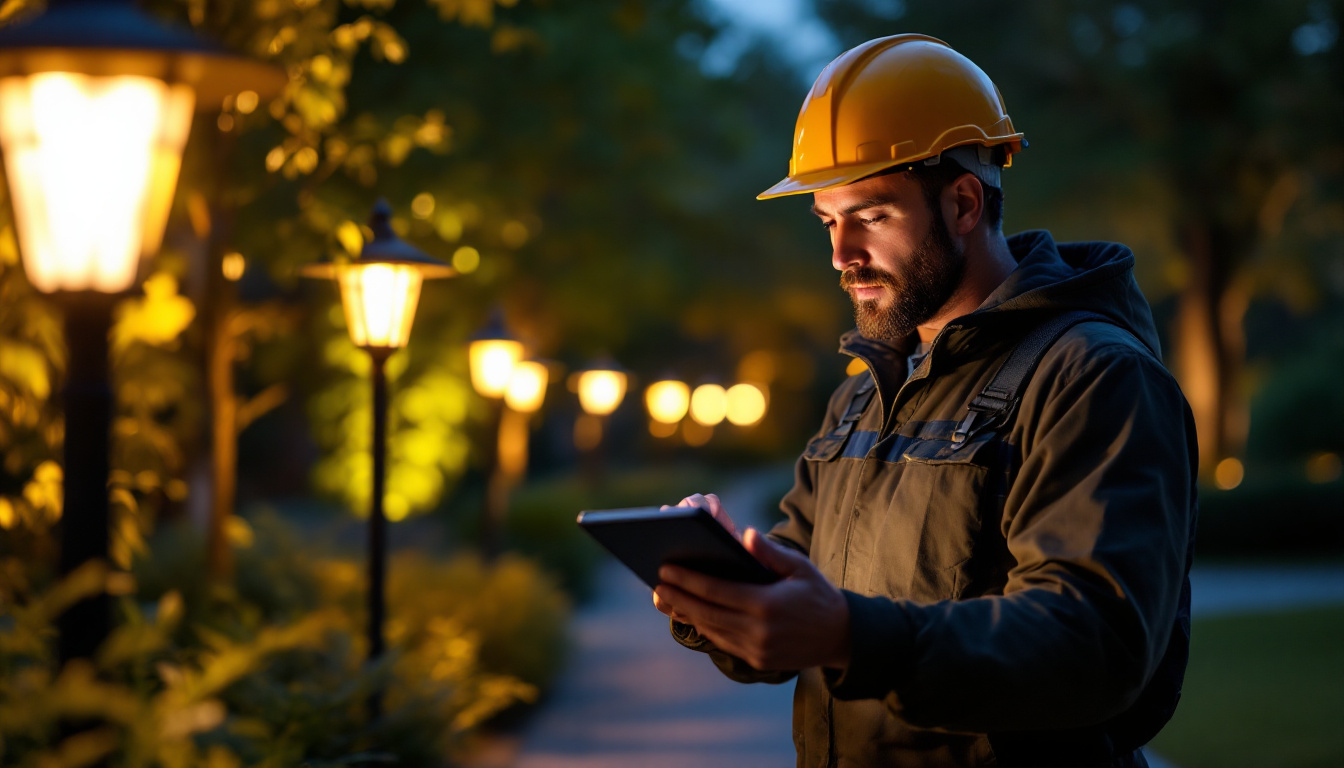 A photograph of a lighting contractor evaluating various outdoor lighting options