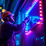 A photograph of a skilled lighting contractor installing vibrant led sign lights on a commercial building