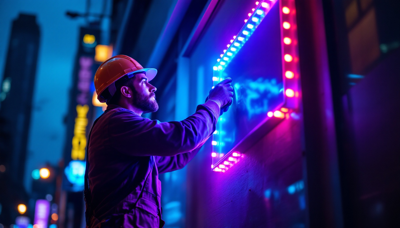 A photograph of a skilled lighting contractor installing vibrant led sign lights on a commercial building