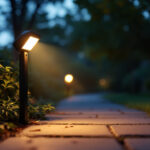 A photograph of a motion-activated outdoor led light illuminating a pathway or garden at dusk