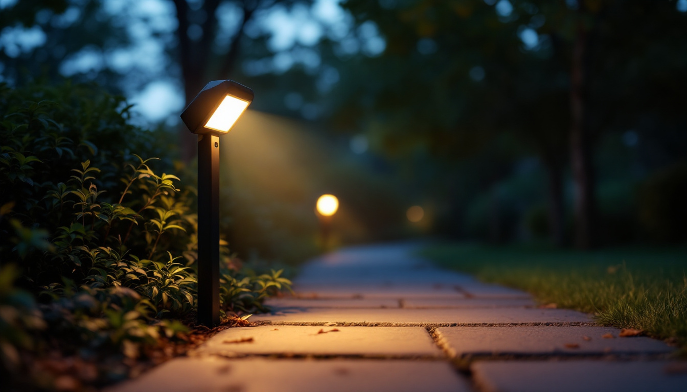 A photograph of a motion-activated outdoor led light illuminating a pathway or garden at dusk