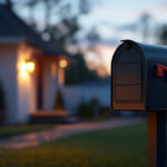 A photograph of a well-lit mailbox at dusk