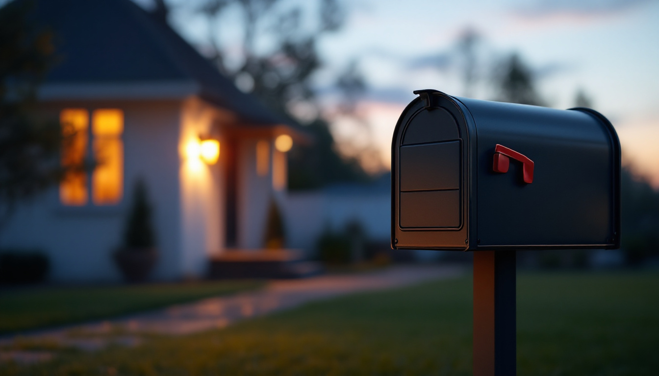 A photograph of a well-lit mailbox at dusk