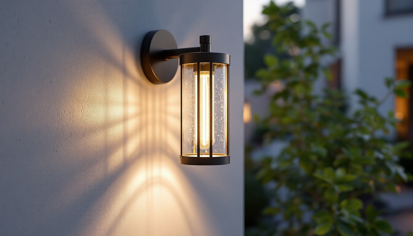 A photograph of a beautifully designed outdoor wall mount light illuminating a stylish outdoor space