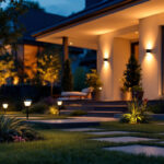 A photograph of a beautifully illuminated outdoor space featuring solar lights strategically placed around a house