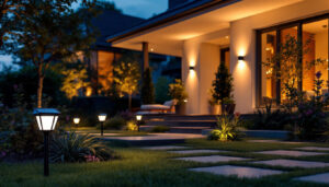 A photograph of a beautifully illuminated outdoor space featuring solar lights strategically placed around a house