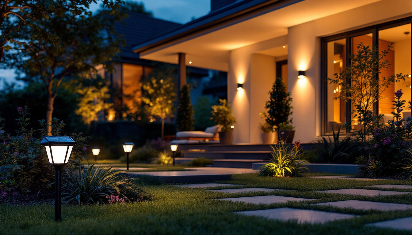 A photograph of a beautifully illuminated outdoor space featuring solar lights strategically placed around a house