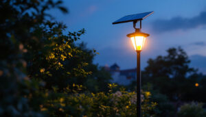 A photograph of a solar lamppost illuminated at dusk