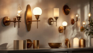 A photograph of a beautifully arranged display of various goosenmeck brass sconces in different shapes and styles