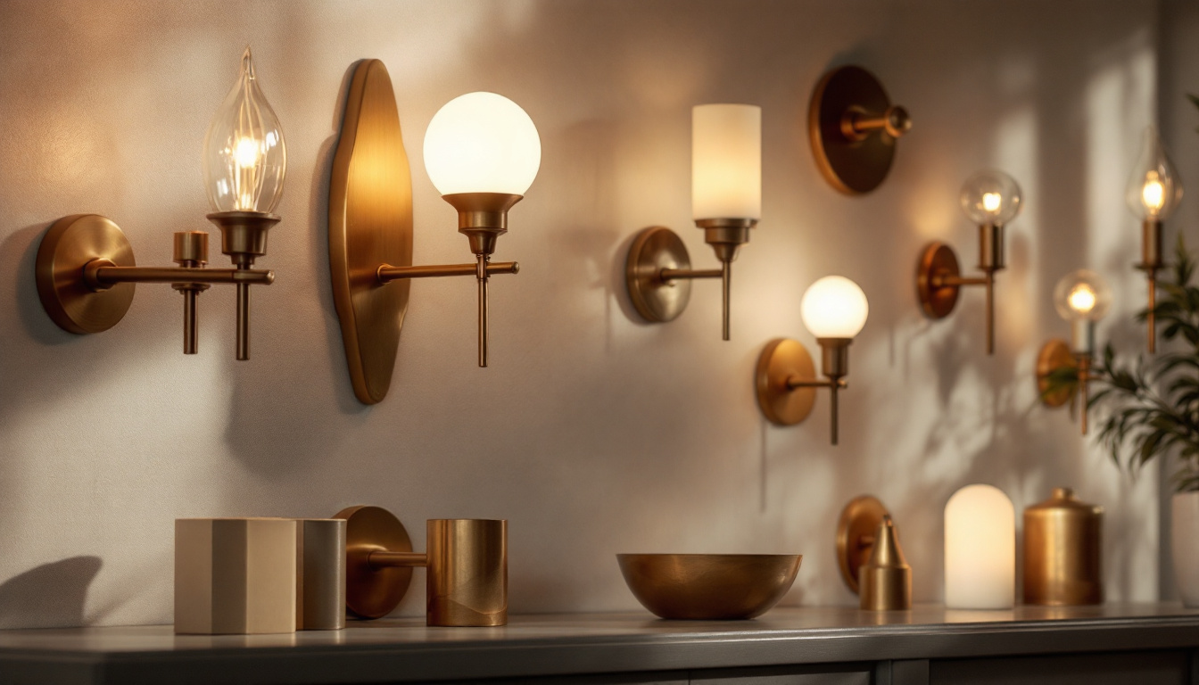 A photograph of a beautifully arranged display of various goosenmeck brass sconces in different shapes and styles
