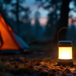 A photograph of a cozy camping scene at dusk