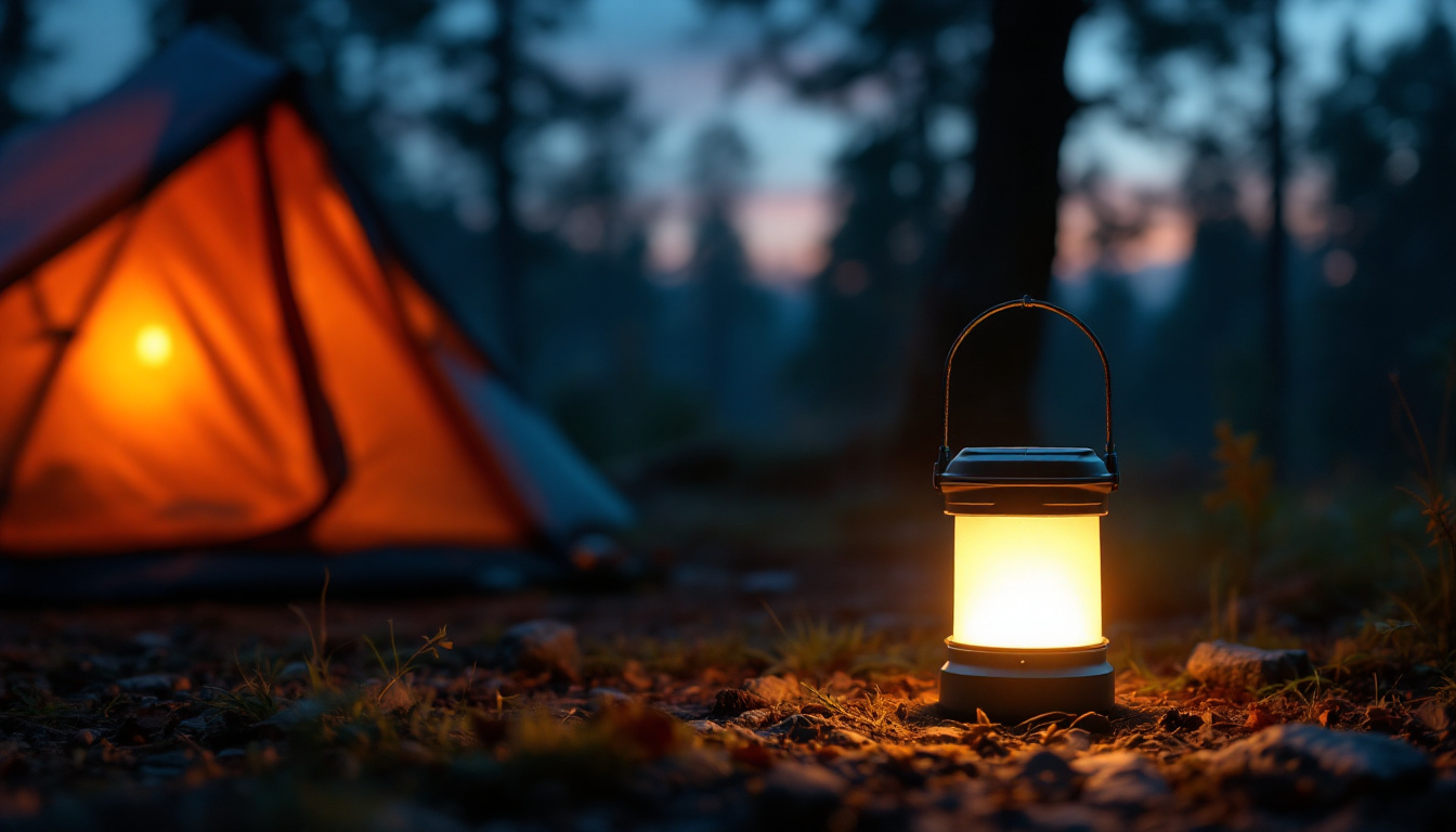 A photograph of a cozy camping scene at dusk