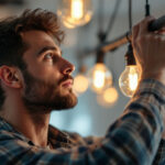 A photograph of a skilled lighting contractor at work