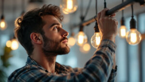 A photograph of a skilled lighting contractor at work