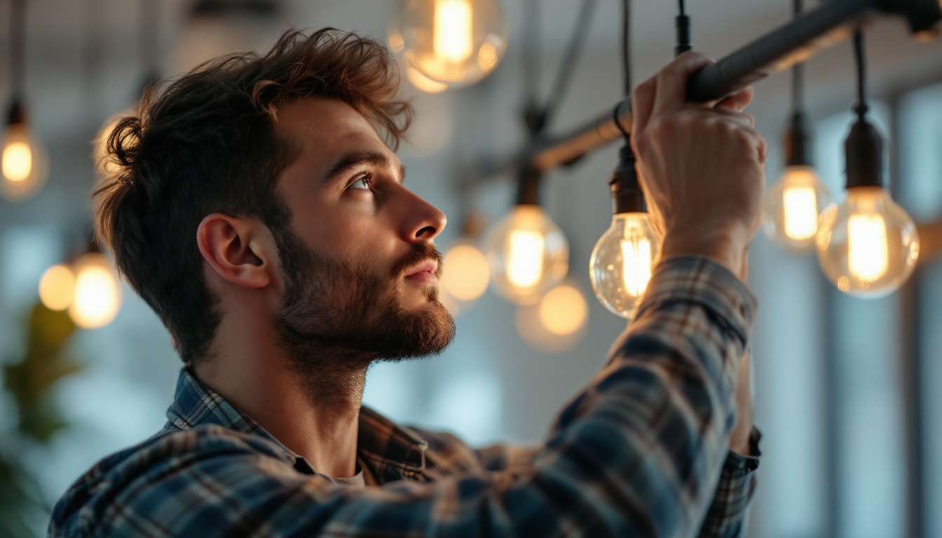 A photograph of a skilled lighting contractor at work