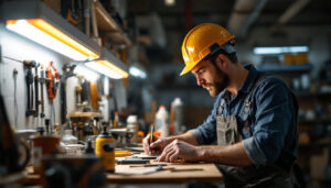 A photograph of a brightly lit workshop or garage scene featuring a fluorescent shop light in action