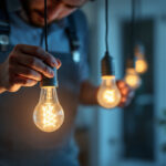 A photograph of a lighting contractor installing energy-efficient led bulbs in a residential setting