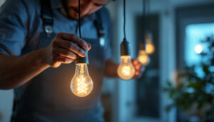 A photograph of a lighting contractor installing energy-efficient led bulbs in a residential setting