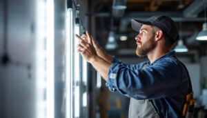 A photograph of a lighting contractor installing 4-foot led bulbs in a commercial space
