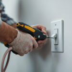 A photograph of a lighting contractor working on a 3-way rocker switch installation