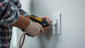 A photograph of a lighting contractor working on a 3-way rocker switch installation