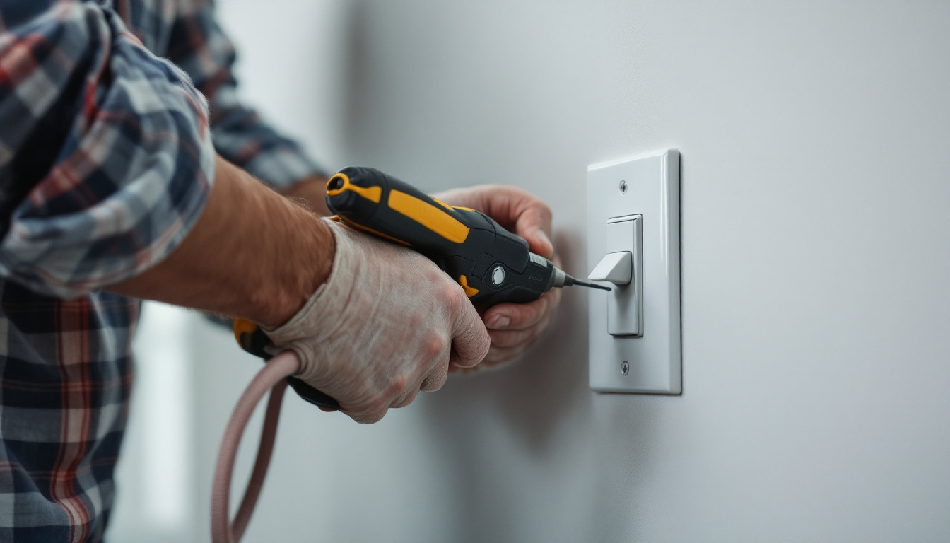 A photograph of a lighting contractor working on a 3-way rocker switch installation