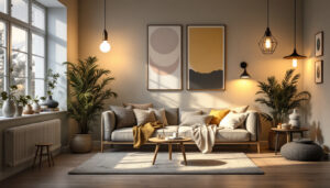 A photograph of a well-lit room showcasing a variety of stylish yet inexpensive light fixtures