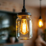 A photograph of a beautifully styled jelly jar light fixture hanging in a cozy