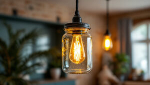 A photograph of a beautifully styled jelly jar light fixture hanging in a cozy