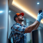 A photograph of a lighting contractor expertly installing led lights in a modern residential or commercial space