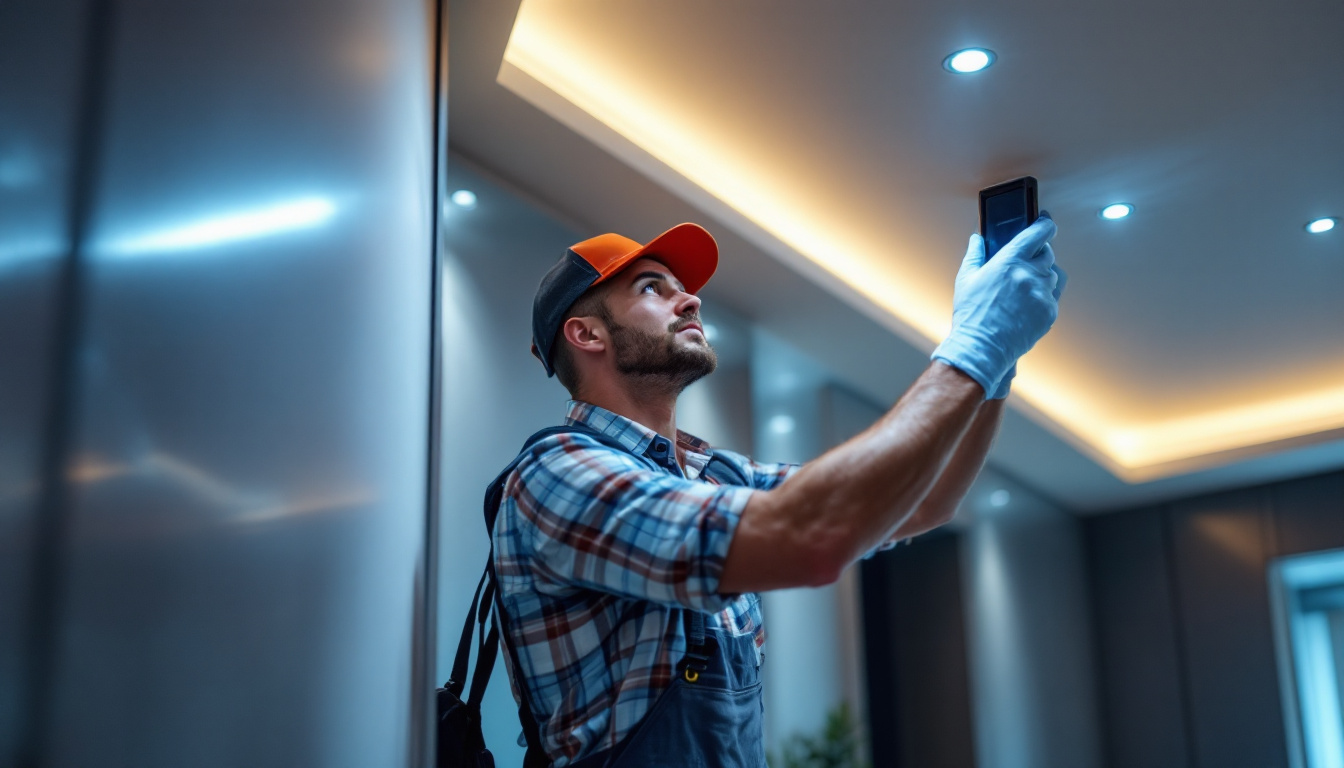 A photograph of a lighting contractor expertly installing led lights in a modern residential or commercial space