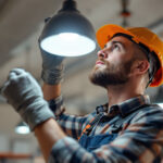 A photograph of a lighting contractor installing an energy-efficient led lighting fixture in a commercial space