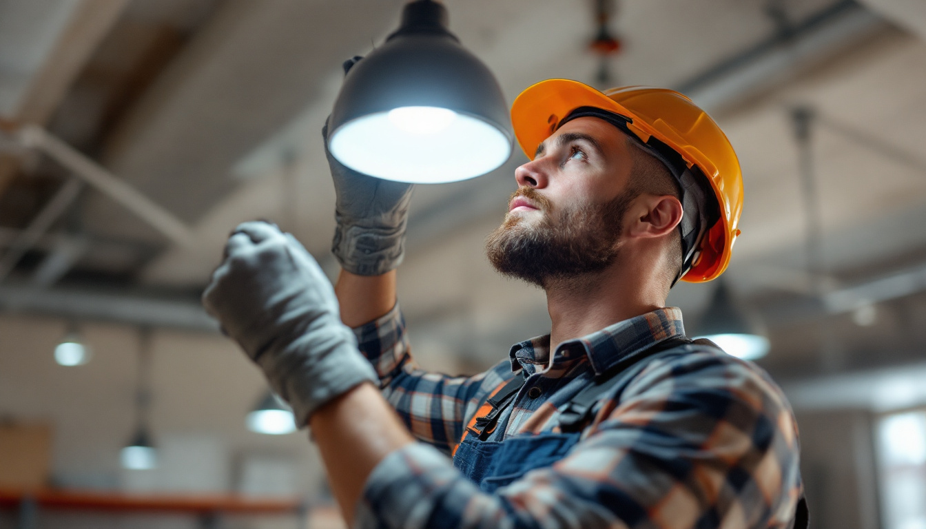 A photograph of a lighting contractor installing an energy-efficient led lighting fixture in a commercial space