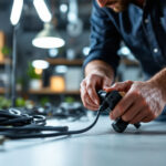 A photograph of a lighting contractor expertly installing or handling a power supply cord in a well-lit workspace