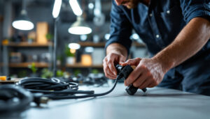 A photograph of a lighting contractor expertly installing or handling a power supply cord in a well-lit workspace