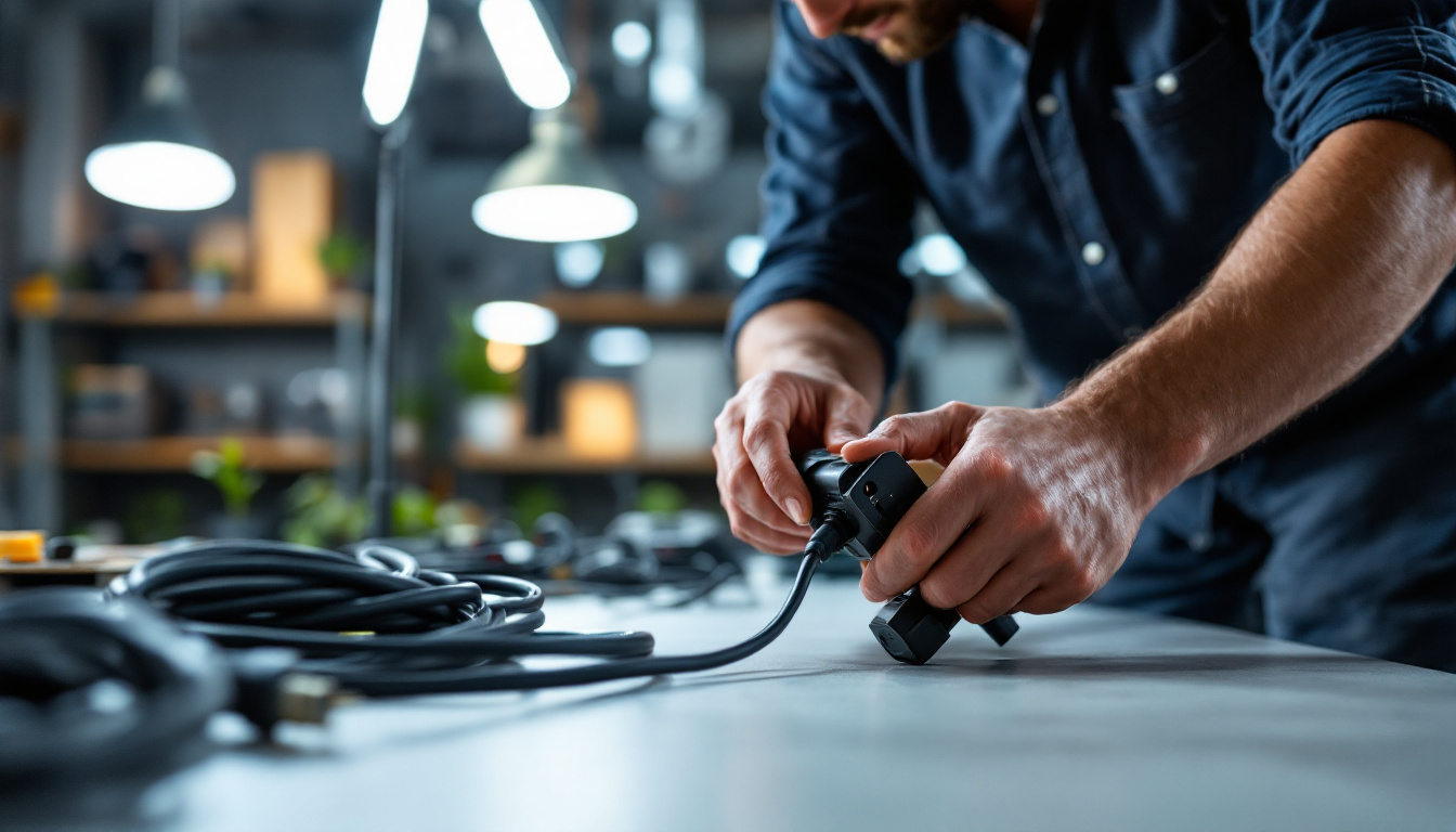 A photograph of a lighting contractor expertly installing or handling a power supply cord in a well-lit workspace