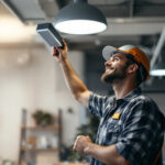 A photograph of a lighting contractor efficiently installing phoenix light fixtures in a modern workspace