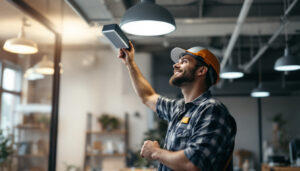 A photograph of a lighting contractor efficiently installing phoenix light fixtures in a modern workspace