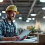 A photograph of a lighting contractor inspecting a well-lit workspace