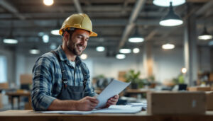 A photograph of a lighting contractor inspecting a well-lit workspace