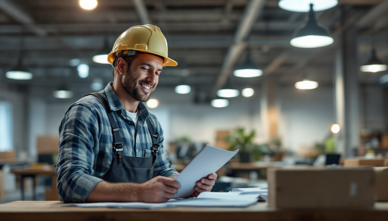 A photograph of a lighting contractor inspecting a well-lit workspace