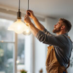 A photograph of a skilled lighting contractor installing an elegant yet affordable light fixture in a stylish home setting