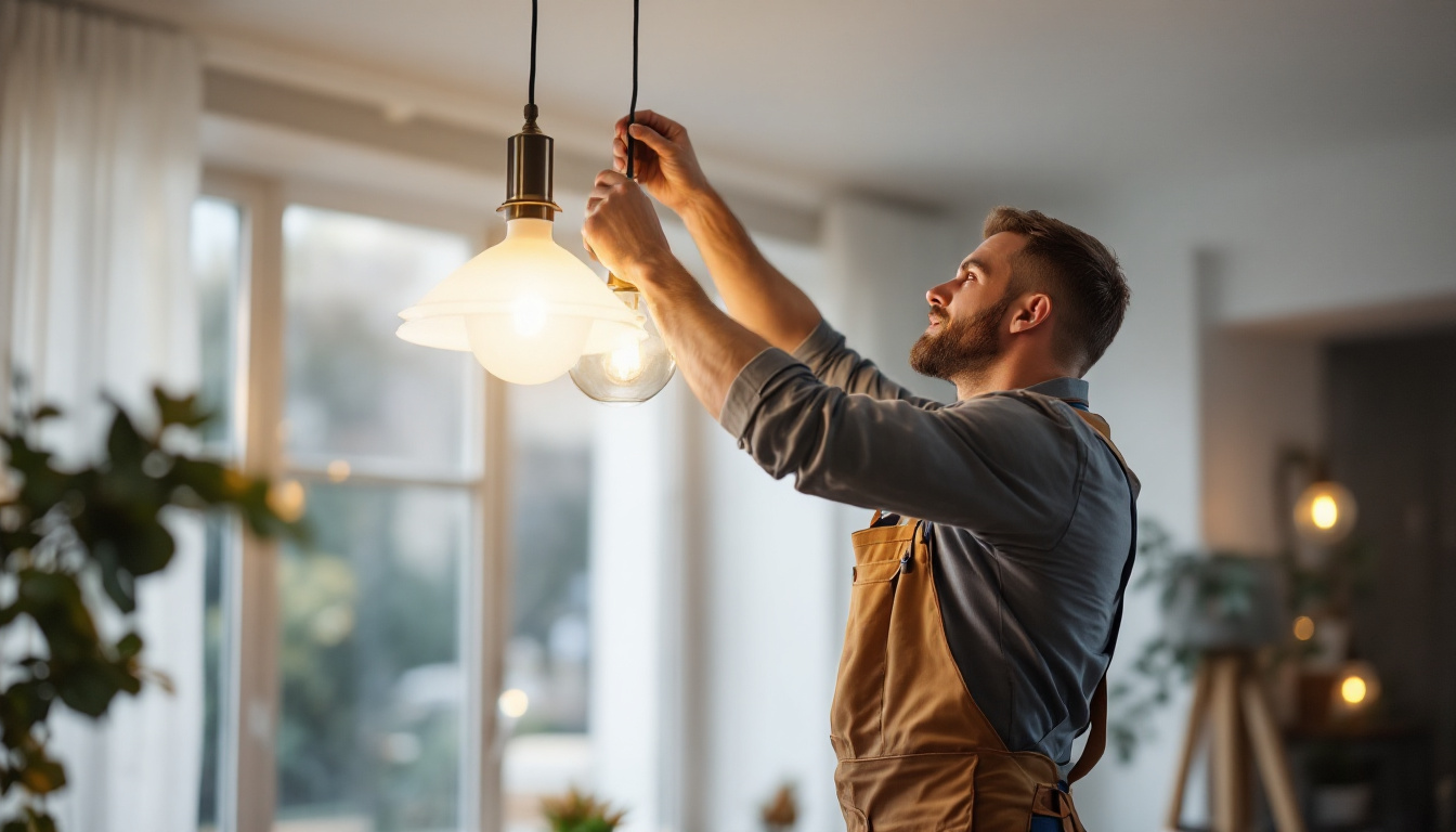 A photograph of a skilled lighting contractor installing an elegant yet affordable light fixture in a stylish home setting